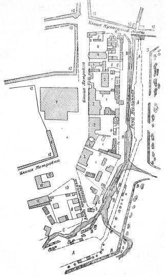 Между серединой современной Театральной площади и Неглинной улицей в 1799 г.
Чертеж. (См. экспликацию в комментарии под № 7).
