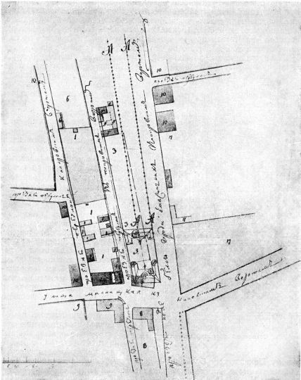 У Мясницких ворот Белого города и Гусятникова переулка в 1806 г.
Чертеж. (См. экспликацию в комментарии под № 10). Московский областной исторический архив.
