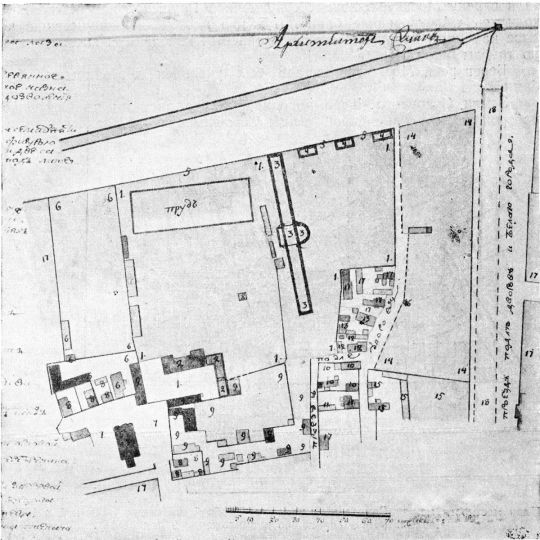 План местности между Петровкой, Петровским и Цветным бульварами в 1805 г.
План местности между Петровкой, Петровским и Цветным бульварами в 1805 г. (См. экспликацию в комментарии под № 14). 
