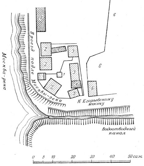 Бани в Садовниках у Москворецкого моста в 1806 г.
Бани в Садовниках у Москворецкого моста в 1806 г. Чертеж. (См. экспликацию в комментарии под № 16). 
