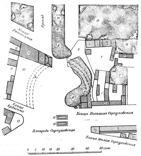 Серпуховская площадь в 1799 г.
Серпуховская (Добрынинская) площадь в 1799 г. Чертеж. (См экспликацию в комментарии под № 17).
