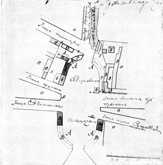 Серпуховская площадь в 1805 г.
Серпуховская (Добрынинская) площадь в 1805 г. Чертеж. (См. экспликацию в комментарии под № 18). 

