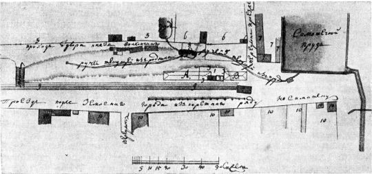Местность современной Самотечной площади и Садовой Самотечной улицы в 1805 г. 
Местность современной Самотечной площади и Садовой Самотечной улицы в 1805 г. Чертеж. (См. экспликацию в комментарии под № 21). 
