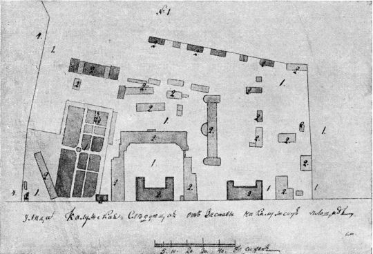 Большая Калужская улица близ Калужской площади в 1806 г.
Большая Калужская улица близ Калужской (Октябрьской) площади в 1806 г. Чертеж. (См. экспликацию в комментарии под № 26). 
