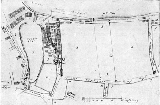 Нижний Пресненский пруд между Горбатым мостом и рекой Москвой и его окружение в 1805 г. 
Нижний Пресненский пруд между Горбатым (ныне — 1905 г.) мостом и рекой Москвой и его окружение в 1805 г. Чертеж. (См. экспликацию в комментарии под № 28). 
