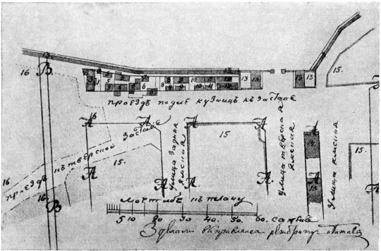 Кузницы у Тверской заставы в 1799 г. 
Кузницы у Тверской заставы в 1799 г. Чертеж. (См. экспликацию в комментарии под № 29).

