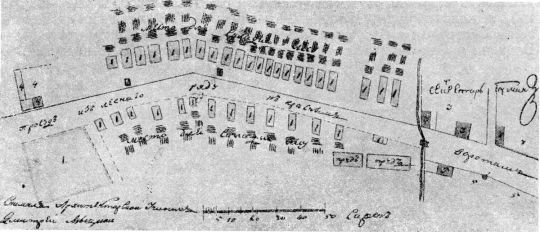 Лесной ряд за Красными воротами в 1799 г.
Лесной ряд за Красными воротами (по современной Каланчевской улице) в 1799 г. Чертеж. (См. экспликацию в комментарии под № 32).
