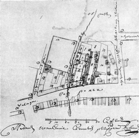 Воронья улица у Рогожской заставы в 1800 г.
Воронья (Тулинская) улица у Рогожской (Ильича) заставы в 1800 г. Чертеж. (См. экспликацию в комментарии под № 35). 
