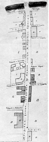 Тверская улица между стеной и валом Белого города и Брюсовым переулком в 1778 г.
