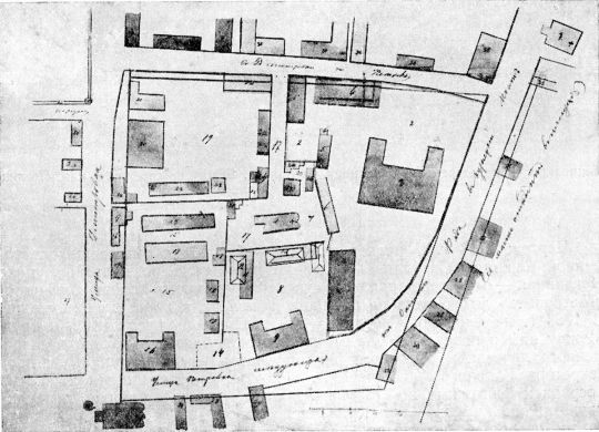 Между Дмитровкой и Петровкой, современным Копьевским переулком и серединой Театральной площади в 1777 г.
