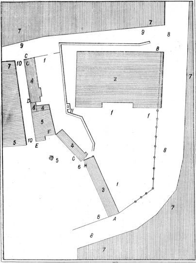 План двора Петровского театра Медокса в конце XVIII в.
Чертеж. Экспликация: 1 - двор Медокса; 6 — часть двора князя Туркестанова; 2 — театр, трехъэтажный; 7 — дворы разных обывателей; 3 — каменный корпус, трехэтажный, в котором жили служащие при театре; 8 — улица Петровка; 4 - жилые строения; 9 - проезд мимо театра; 5 — церковь Спаса, что в Копье, и строения церковнослужителей; 10 — переулок от церкви; 11 - колодезь.
