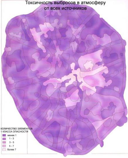 Карта сводной токсичности всех выбросов в Москве
Карта сводной токсичности всех выбросов в Москве, включая загрязнения воздуха, воды, шумового фона, электромагнитные и шумовые загрязнения.
