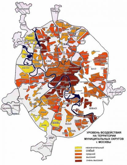 Степень экологического загрязнения в отдельных административных округах Москвы
Административные округа на карте окрашены в пять цветов в соответствии со степенью экологического воздействия, от "незначительного" до "очень высокого".
