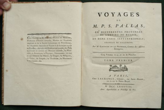 Обложка книги Voyages de M.P.S. Pallas
Peter Simon Pallas. Voyages de M. P.S. Pallas, en différentes provinces de l'empire de Russie, et dans l'Asie septentrionale.


