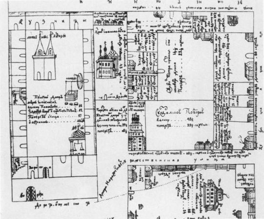Ситуационный план пушечного двора...
Ситуационный план пушечного двора с литейными анбарами и приказом, и строений церковных и обывательских вокруг церкви св. Иоакима и Анны и Суздальского подворья в Москве
