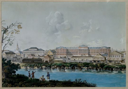 Вид Московского университета на Моховой из-за реки Неглинной
Акварель сохранила первоначальный облик университета (архитектор М.Ф. Казаков, 1786-1793) до пожара 1812 г.
