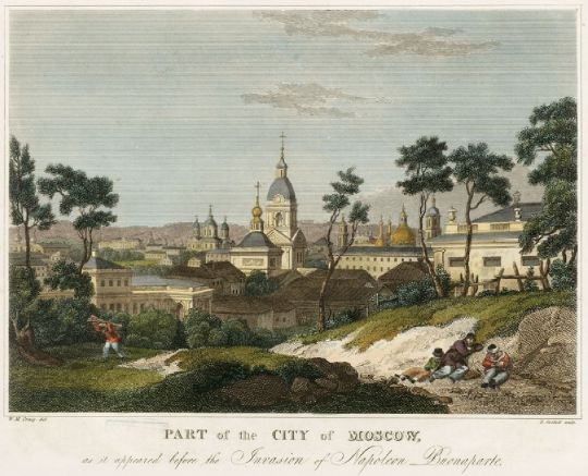 Часть города Москвы до нашествия Наполеона Бонапарта
Вид к югу от церкви Николая Чудотворца в Воробине "на Гостиной горке". Вид охватывает панораму по направлению к Яузе. В центре - церковь Троицы в Серебряниках
