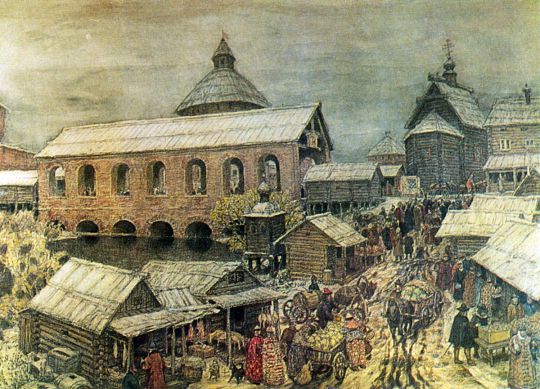 Воскресенский мост в 17 веке. Охотный ряд у Иверских ворот
