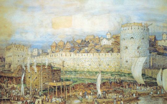 Московский Кремль при Дмитрии Донском
Согласно статье А.М. Васнецова, показан юго-западный угол Кремля с башнями: угловой круглой и Боровицкой воротной с подъемным мостом перед ней. На первом плане - общественные бани, впереди бань - судовая пристань. За банями - торговый ряд. За стеной видны деревянная церковь Рождества Иоанна Предтечи и церковь "Спас на Бору".
