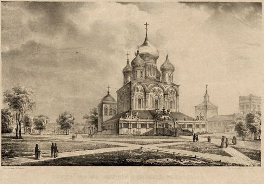 Вид собора Успения Богоматери в Симоновом монастыре
Собор строился в 1379-1405. Разрушен в 1930. За собором - трапезная с церковью Тихвинской Богоматери.
