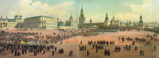 1. Николаевский дворец в Кремле. 2. Василий Блаженный виден с Кремля.
[Индейцев Д.С.] Panorama de Moscou. [Панорама Кремля и Замоскворечья от Тайницкой башни]. Москва-Спб., Джузеппе Дациаро, [circa 1850-е.]. — 10 литографированных Ф. Бенуа и Э. Обрёном листов, напечатанных и раскрашенных от руки в типографии Лемерсье в Париже, в издательской папке без титульного листа. Развернутая панорама составляет в совокупности угол обзора 270°. Размер панорамы (в развернутом виде все 10 листов): 456,5x40,5 см. Формат издательской папки: 41,5х56,5 см.
