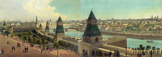 3. Воспитательный дом виден с Кремля. 4. 	  Вид части города, снятый с Кремлевской стены. Видна Тайницкая башня. 
[Индейцев Д.С.] Panorama de Moscou. [Панорама Кремля и Замоскворечья от Тайницкой башни]. Москва-Спб., Джузеппе Дациаро, [circa 1850-е.]. — 10 литографированных Ф. Бенуа и Э. Обрёном листов, напечатанных и раскрашенных от руки в типографии Лемерсье в Париже, в издательской папке без титульного листа. Развернутая панорама составляет в совокупности угол обзора 270°. Размер панорамы (в развернутом виде все 10 листов): 456,5x40,5 см. Формат издательской папки: 41,5х56,5 см.
