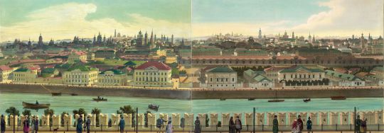 5. Вид части города, снятый с Кремлевской стены. Видна церковь Вознесения в Кадашах. 6. Видна Якиманская часть.
[Индейцев Д.С.] Panorama de Moscou. [Панорама Кремля и Замоскворечья от Тайницкой башни]. Москва-Спб., Джузеппе Дациаро, [circa 1850-е.]. — 10 литографированных Ф. Бенуа и Э. Обрёном листов, напечатанных и раскрашенных от руки в типографии Лемерсье в Париже, в издательской папке без титульного листа. Развернутая панорама составляет в совокупности угол обзора 270°. Размер панорамы (в развернутом виде все 10 листов): 456,5x40,5 см. Формат издательской папки: 41,5х56,5 см.
