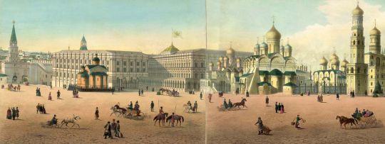 9. Новый Императорский дворец в Кремле. 10. Вид соборов в Кремле
[Индейцев Д.С.] Panorama de Moscou. [Панорама Кремля и Замоскворечья от Тайницкой башни]. Москва-Спб., Джузеппе Дациаро, [circa 1850-е.]. — 10 литографированных Ф. Бенуа и Э. Обрёном листов, напечатанных и раскрашенных от руки в типографии Лемерсье в Париже, в издательской папке без титульного листа. Развернутая панорама составляет в совокупности угол обзора 270°. Размер панорамы (в развернутом виде все 10 листов): 456,5x40,5 см. Формат издательской папки: 41,5х56,5 см.
