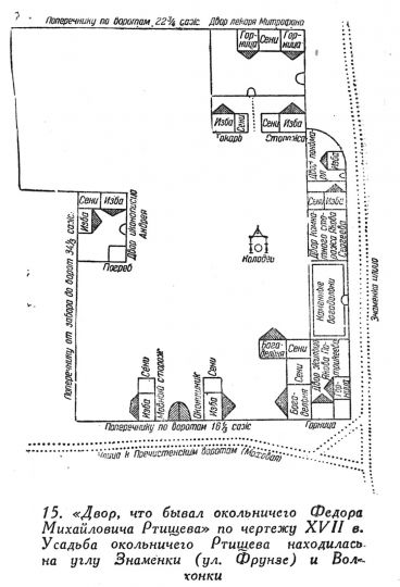 Усадьба окольничего Ртищева
"Двор, что бывал окольничего Федора Михайловича Ртищева" по чертежу XVII в. Усадьба окольничего Ртищева находилась на углу Знаменки и Волхонки
