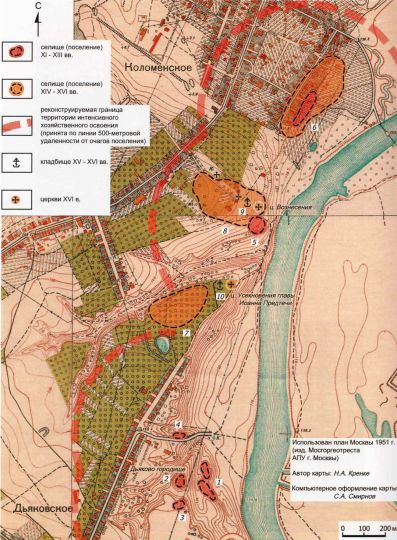 Древности Коломенского и Дьякова
Поселения XI-XVI веков на карте 1951 г. по данным археологических раскопок. 
Ключевые слова: Коломенское, Дьяково