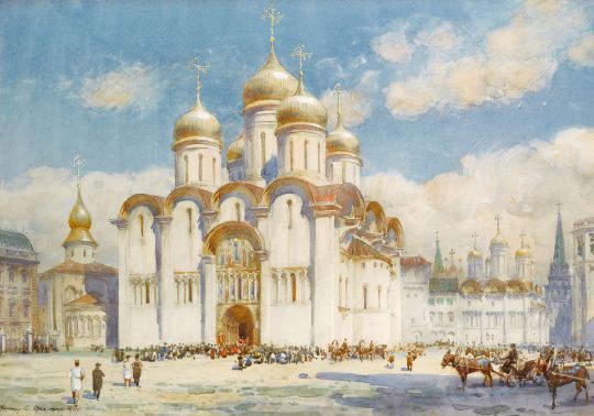 Успенский собор московского Кремля
Успенский собор московского Кремля. The Cathedral of the Dormition, Moscow, signed 'Henry C Brewer R.I.' (lower left), watercolour on paper, 32 x 45 cm
