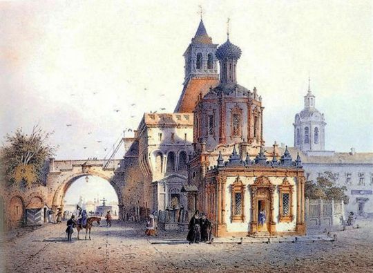 Никольские ворота Китая-города
Никольские ворота Китая-города и церковь Владимирской иконы Божией Матери. Художник Йозеф Андреас Вейс - Josef Andreas Weiß (1814–1887)
Ключевые слова: Вейс