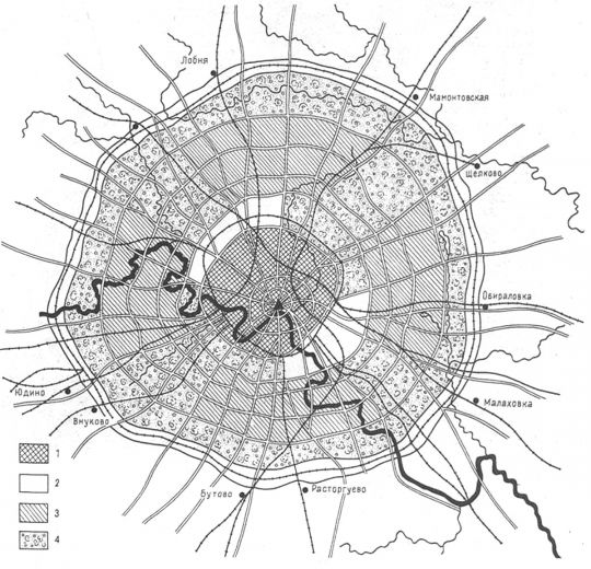 План профессора С.С. Шестакова
План развития Москвы профессора С. С. Шестакова. Этот план предполагал увеличение территории Москвы с 70 до 200 тысяч гектаров — это примерно в границах Московской окружной железной дороги. 
