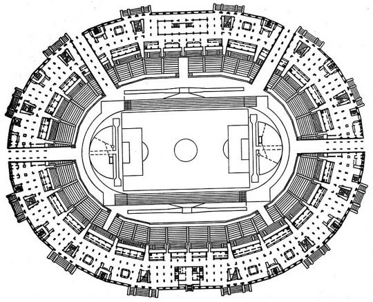 Большая спортивная арена Центрального стадиона им. В. И.Ленина
А. В. Власов, П.Е.Рожин, Н.Н.Уллас, А.Ф.Хряков, В.Н. Насонов, В.П.Поликарпов, Н.М.Резников. Большая спортивная арена Центрального стадиона им. В. И.Ленина в Москве. 1955 — 1956 гг. План.
