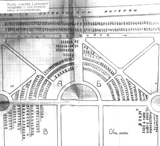 Карта участка Братского кладбища с сохранившимися захоронениями
Центральная часть Братского кладбища. Это фрагмент карты, представленной на http://www.retromap.ru/gallery/displayimage.php?pid=1528
