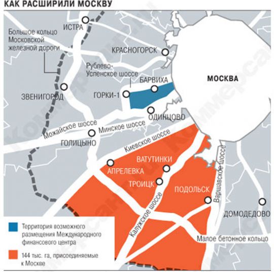 Планы расширения Москвы
Показаны предложения по расширению границ Москвы, а также территория возможного размещения Международного Финансового центра
