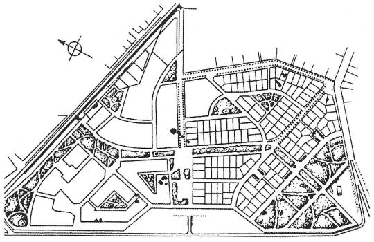 Первоначальный план посёлка Сокол
По ходу выполнения проекта от застройки левой части плана отказались
