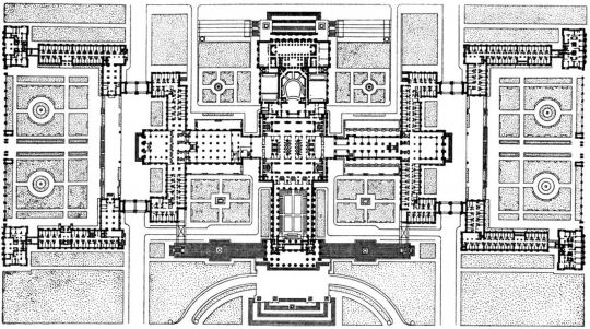 План здания МГУ на Ленинских горах
Л.В.Руднев, С.Е.Чернышев, П.В.Абросимов, А.Ф.Хряков, В.Н.Насонов. Здание Московского Государственного университета им.М.В.Ломоносова на Ленинских горах в Москве. 1948-1953 гг. План
