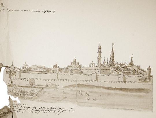 Вид Кремля с западной стороны - часть 2 из 2
Рисунки Дрезденскаго альбома, воспроизведенные съ подлинника въ натуральную величину съ приложенiемъ карты пути цесарскаго посольства 1661-62 гг. 
