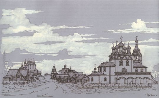 Церковь Козьмы и Дамиана на Покровке с приделом Казанской Богоматери. Вид в сторону Старосадского переулка
В глубине - церковь Владимира в Старых садах и Ивановский монастырь
