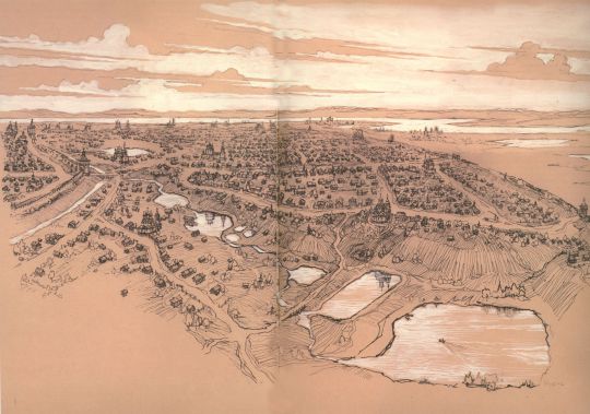 Часть Земляного города с Патриаршей Козьей слободой
Вид с птичьего полета. Центром Козьей слободы были храм Спиридония Тримифунтского и Патриаршее подворье. Спиридоновка повторяла изгиб запруженного ручья, вытекавшего из Патриарших. У Никитских ворот - церковь Федора Студита и старое здание церкви Большое Вознесение с шатровой колокольней. На изгибе Спиридоновки - палаты Гранатного двора. Слева видна церковь Воскресения в Бронной слободе.
