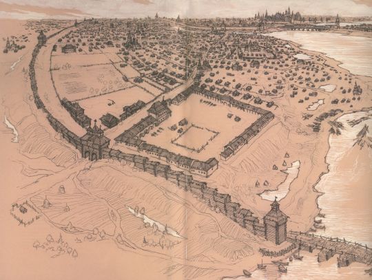 Часть Земляного города у Остоженского конюшенного двора
Вид с птичьего полета. У ворот Земляного города по сторонам Остоженки расположены огородное место боярина В.И. Стрешнева с деревянными хоромами на переднем дворе и казенный Остоженский конюшенный двор. За ним видны церковь Успения на Остоженке и Зачатьевский монастырь. На подоле у Крымского брода - местность Киевец с церковью Николы
