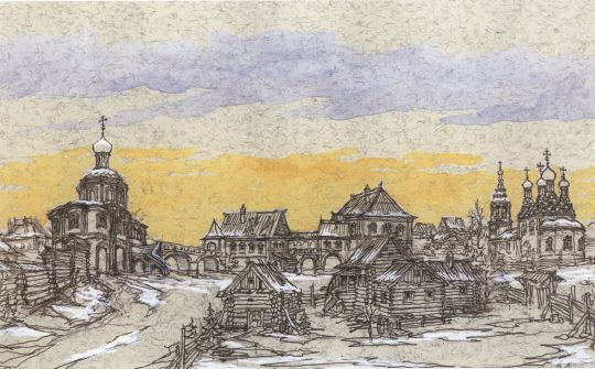 Местность между храмом Воскресения Христова на Остоженке и Зачатьевским монастырем
В центре - палаты Римских-Корсаковых
