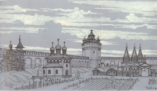 Местность у Алексеевской башни Белого города в середине XVII века
Показаны каменная трехглавая церковь Всех Святых в валу, деревянная церковь Макария Желтоводского после пожара 1629г., Алексееевский монастырь.
