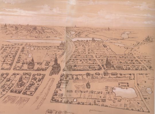 Местность в районе Сухаревой башни
Вид с птичьего полета. В центре - Сухарева башня с останками вала Земляного города. Слева на переднем плане по обе стороны Сретенки - церкви Троицы в Листах и Панкратия в Панкратьевской слободе. Выше, на берегу Неглинной - церковь Николая Чудотворца в Драчах. Справа на переднем плане - Черкасский огород. В начале 19 века на этом месте будет сооружен Странноприемный дом графов Шереметьевых. 
