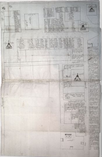 План юго-восточной части Зарядья
План с церквями Георгия на Псковской горке, Николы Мокрого, Зачатия Анны и Николая Чудотворца (с приделом Ирины Мученицы) в Углу.
