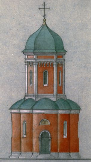 Собор Высокопетровского монастыря
Архитектор Алевиз Новый. Гуашь худ. В. Тюрина по материалам исследований Б. Дедушенко и Л. Беляева
