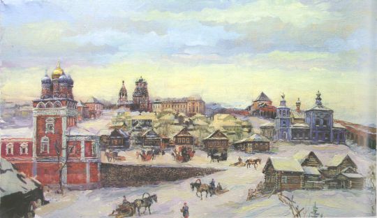 У Варварских ворот Китай-города
В центре - приходской храм Климента Папы Римского на Варварке и домовая церковь Дмитрия Солунского. Слева в глубине - церковь Троицы в Никитниках
