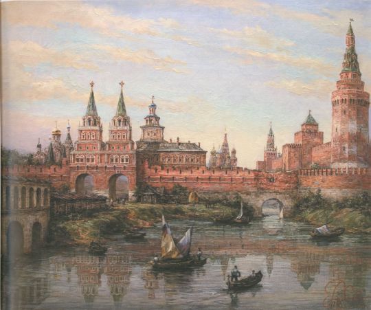 Вид на Воскресенские ворота и реку Неглинную в конце XVII века
Справа, у стен Кремля - арка Алевизова рва
