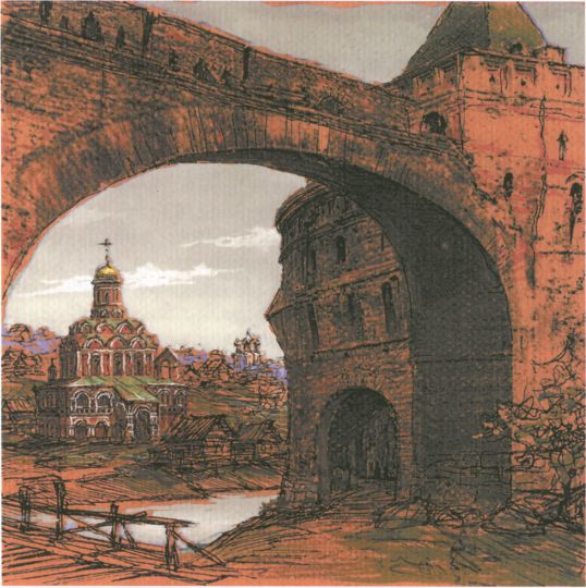Вид на церковь Всех Святых на Кулишках из проломных Варварских ворот Китай-города
